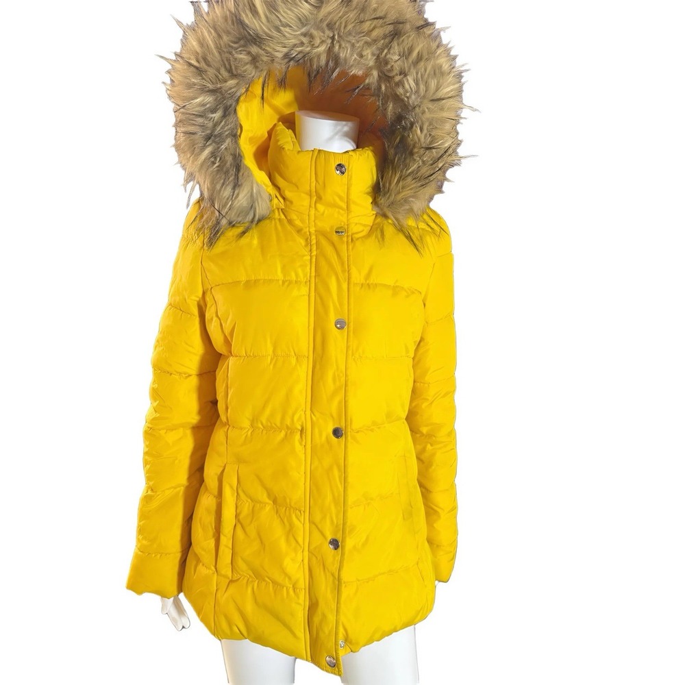 Tommy Hilfiger Womens Yellow Puffer Jacket Faux Fur Hood Parka TW0MP696 Small